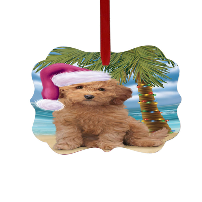 Summertime Happy Holidays Christmas Goldendoodle Dog on Tropical Island Beach Double-Sided Photo Benelux Christmas Ornament LOR49372