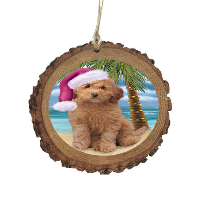 Summertime Happy Holidays Christmas Goldendoodle Dog on Tropical Island Beach Wooden Christmas Ornament WOR49372