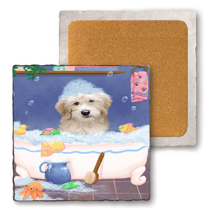 Rub A Dub Dog In A Tub Goldendoodle Dog Set of 4 Natural Stone Marble Tile Coasters MCST52372