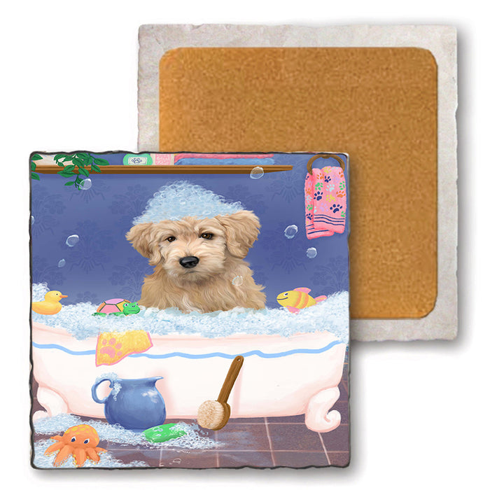 Rub A Dub Dog In A Tub Goldendoodle Dog Set of 4 Natural Stone Marble Tile Coasters MCST52373