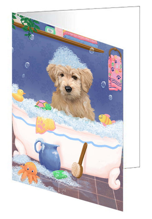 Rub A Dub Dog In A Tub Goldendoodle Dog Handmade Artwork Assorted Pets Greeting Cards and Note Cards with Envelopes for All Occasions and Holiday Seasons GCD79433