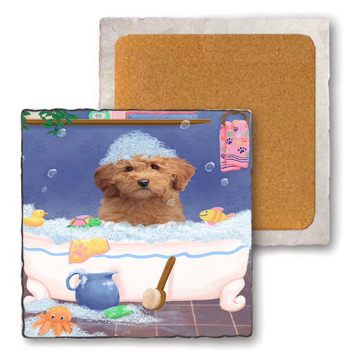 Rub A Dub Dog In A Tub Goldendoodle Dog Set of 4 Natural Stone Marble Tile Coasters MCST52374