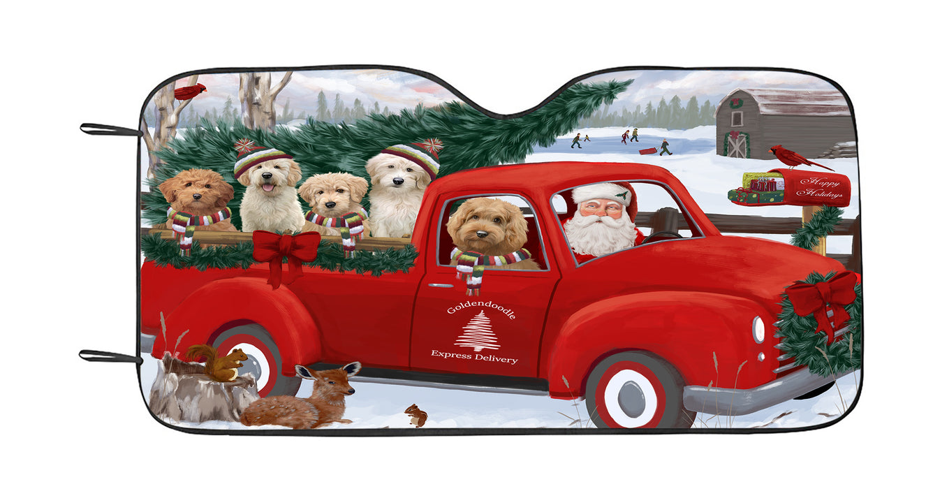 Christmas Santa Express Delivery Red Truck Goldendoodle Dogs Car Sun Shade