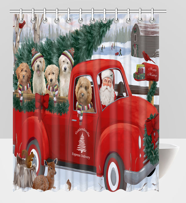 Christmas Santa Express Delivery Red Truck Goldendoodle Dogs Shower Curtain