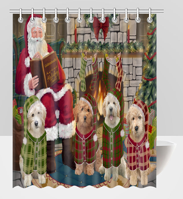 Christmas Cozy Holiday Fire Tails Goldendoodle Dogs Shower Curtain