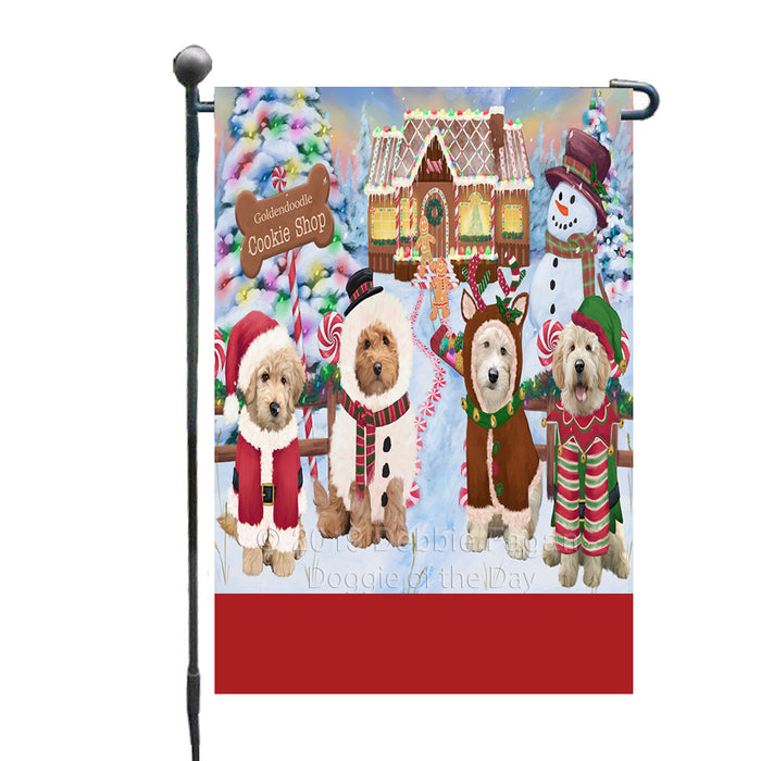 Personalized Holiday Gingerbread Cookie Shop Goldendoodle Dogs Custom Garden Flags GFLG-DOTD-A59207