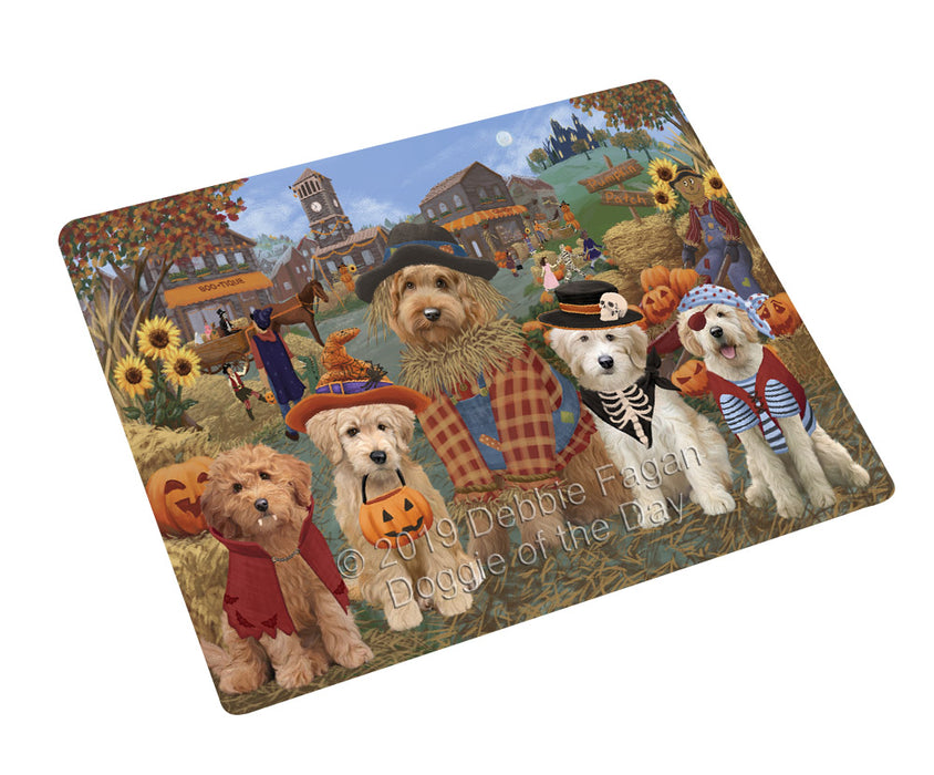 Halloween 'Round Town And Fall Pumpkin Scarecrow Both Goldendoodle Dogs Cutting Board C77128