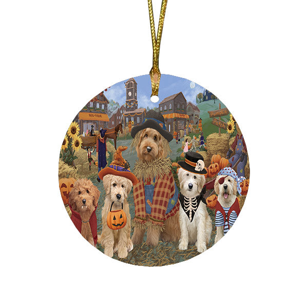 Halloween 'Round Town And Fall Pumpkin Scarecrow Both Goldendoodle Dogs Round Flat Christmas Ornament RFPOR57403