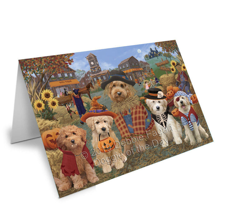Halloween 'Round Town Goldendoodle Dogs Handmade Artwork Assorted Pets Greeting Cards and Note Cards with Envelopes for All Occasions and Holiday Seasons GCD77843