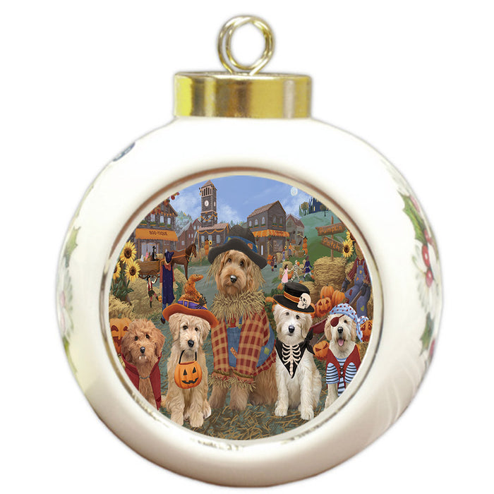 Halloween 'Round Town And Fall Pumpkin Scarecrow Both Goldendoodle Dogs Round Ball Christmas Ornament RBPOR57403