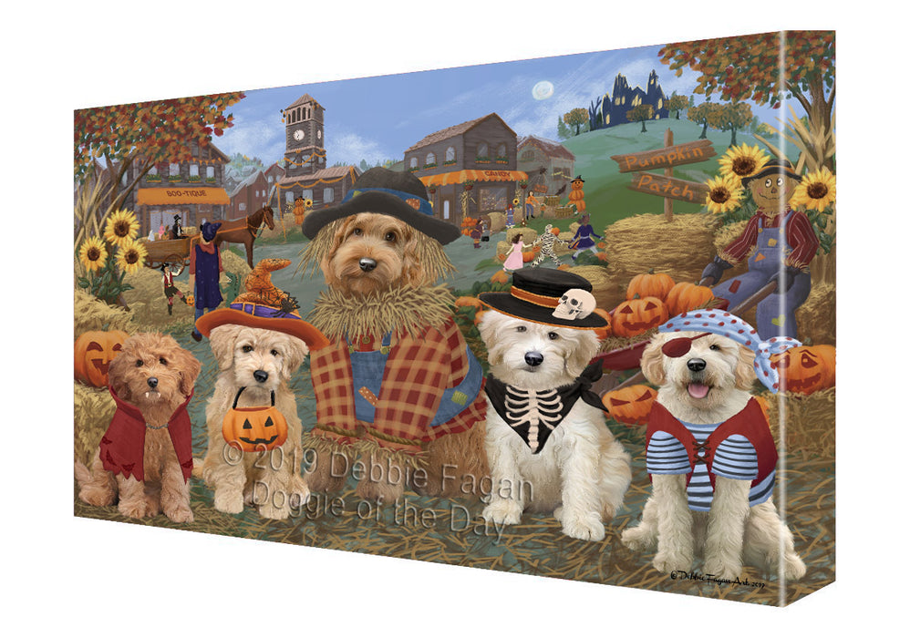 Halloween 'Round Town And Fall Pumpkin Scarecrow Both Goldendoodle Dogs Canvas Print Wall Art Décor CVS139580
