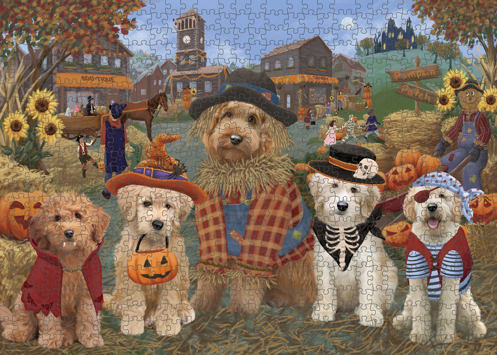Halloween 'Round Town And Fall Pumpkin Scarecrow Both Goldendoodle Dogs Puzzle with Photo Tin PUZL96304