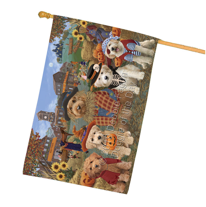 Halloween 'Round Town And Fall Pumpkin Scarecrow Both Goldendoodle Dogs House Flag FLG65655