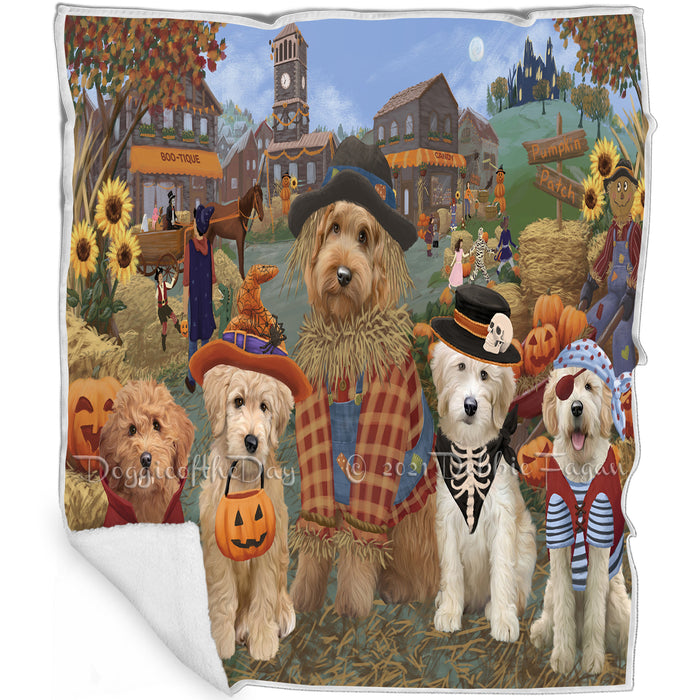 Halloween 'Round Town And Fall Pumpkin Scarecrow Both Goldendoodle Dogs Blanket BLNKT138953