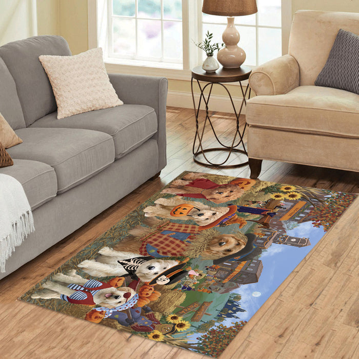 Halloween 'Round Town and Fall Pumpkin Scarecrow Both Goldendoodle Dogs Area Rug
