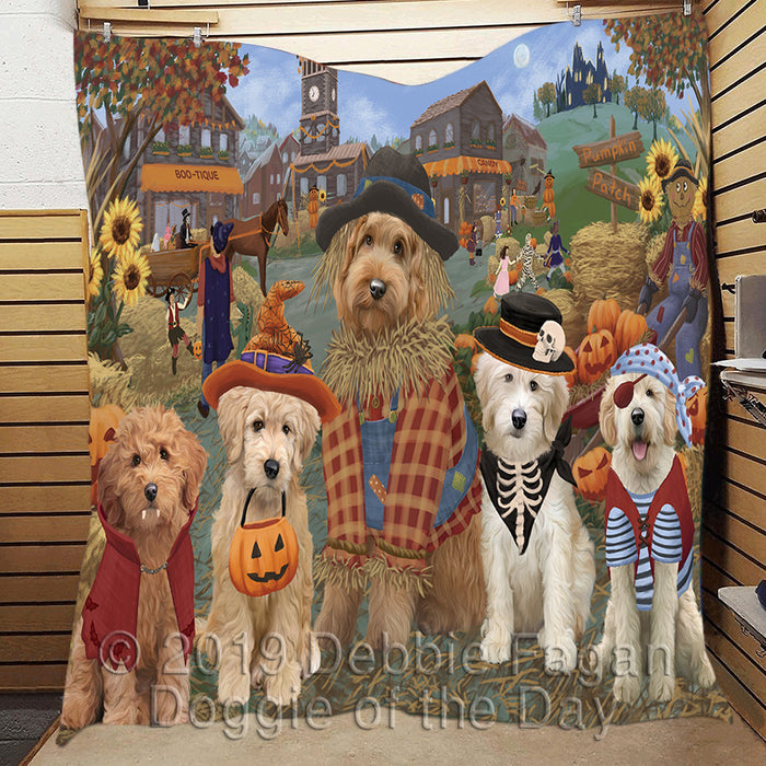 Halloween 'Round Town and Fall Pumpkin Scarecrow Both Goldendoodle Dogs Quilt