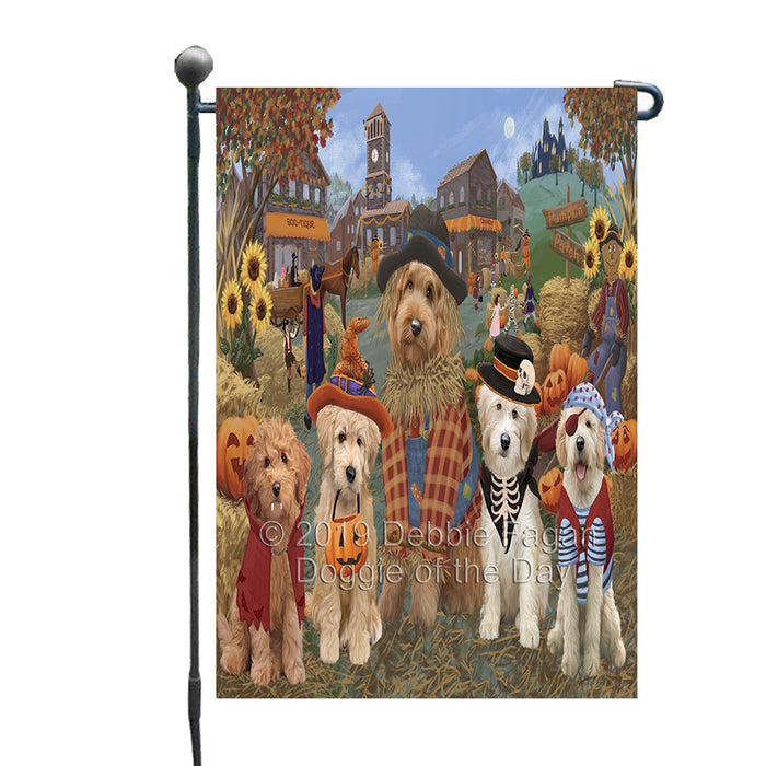 Halloween 'Round Town And Fall Pumpkin Scarecrow Both Goldendoodle Dogs Garden Flag GFLG65599