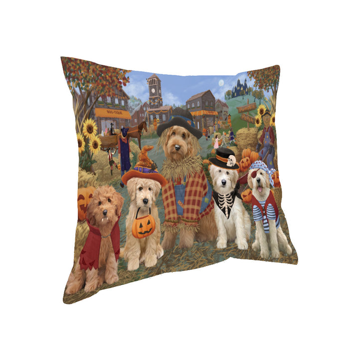 Halloween 'Round Town And Fall Pumpkin Scarecrow Both Goldendoodle Dogs Pillow PIL82396