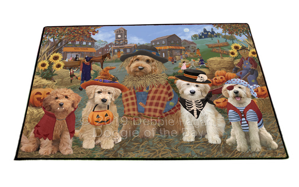 Halloween 'Round Town And Fall Pumpkin Scarecrow Both Goldendoodle Dogs Floormat FLMS53942