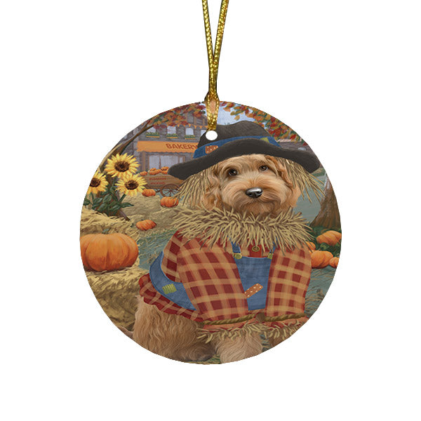 Halloween 'Round Town And Fall Pumpkin Scarecrow Both Goldendoodle Dogs Round Flat Christmas Ornament RFPOR57464