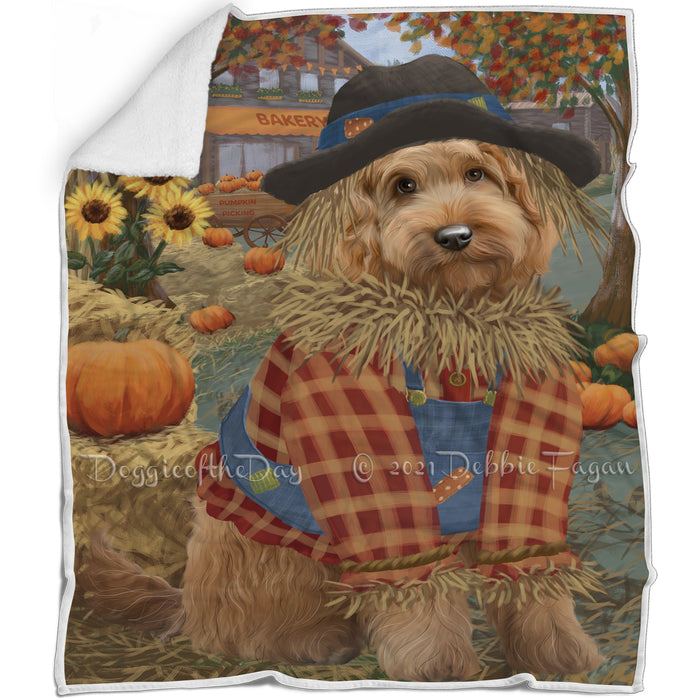 Halloween 'Round Town And Fall Pumpkin Scarecrow Both Goldendoodle Dogs Blanket BLNKT139502