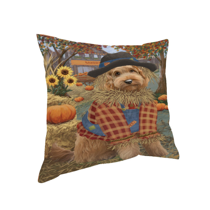 Halloween 'Round Town And Fall Pumpkin Scarecrow Both Goldendoodle Dogs Pillow PIL82640