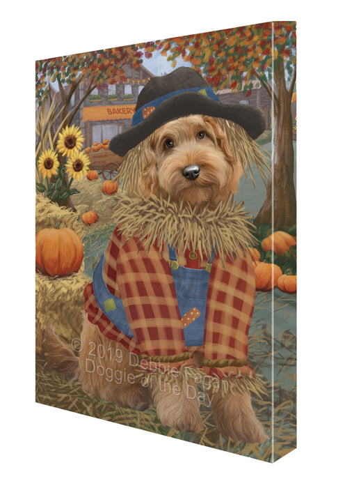 Halloween 'Round Town And Fall Pumpkin Scarecrow Both Goldendoodle Dogs Canvas Print Wall Art Décor CVS140129