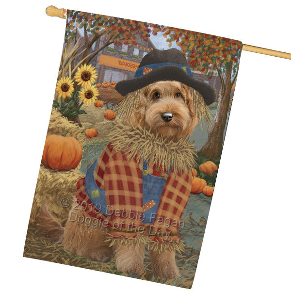 Halloween 'Round Town And Fall Pumpkin Scarecrow Both Goldendoodle Dogs House Flag FLG65716
