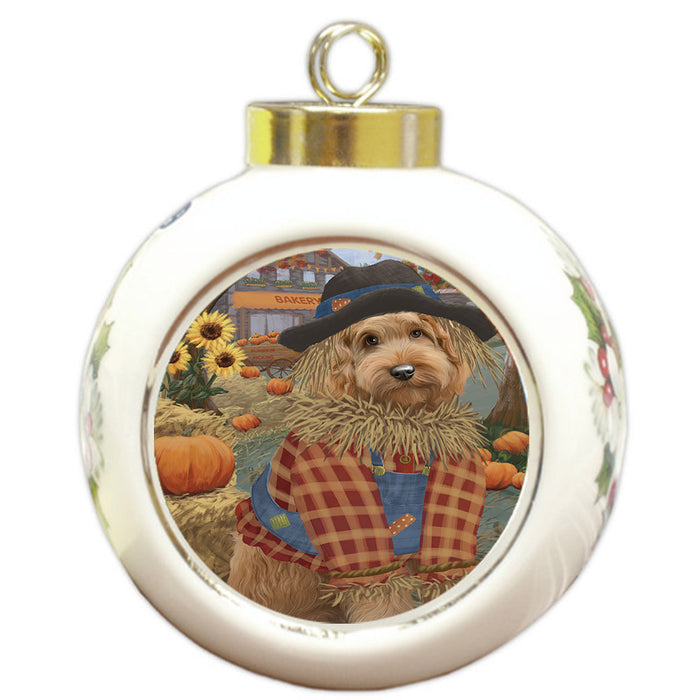 Halloween 'Round Town And Fall Pumpkin Scarecrow Both Goldendoodle Dogs Round Ball Christmas Ornament RBPOR57464