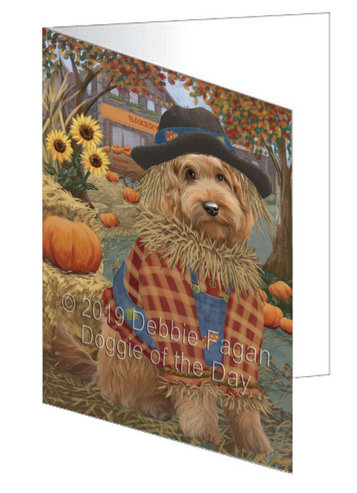 Fall Pumpkin Scarecrow Goldendoodle Dog Handmade Artwork Assorted Pets Greeting Cards and Note Cards with Envelopes for All Occasions and Holiday Seasons GCD78026