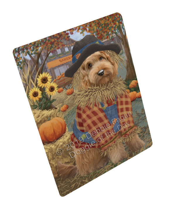 Halloween 'Round Town And Fall Pumpkin Scarecrow Both Goldendoodle Dogs Large Refrigerator / Dishwasher Magnet RMAG104790