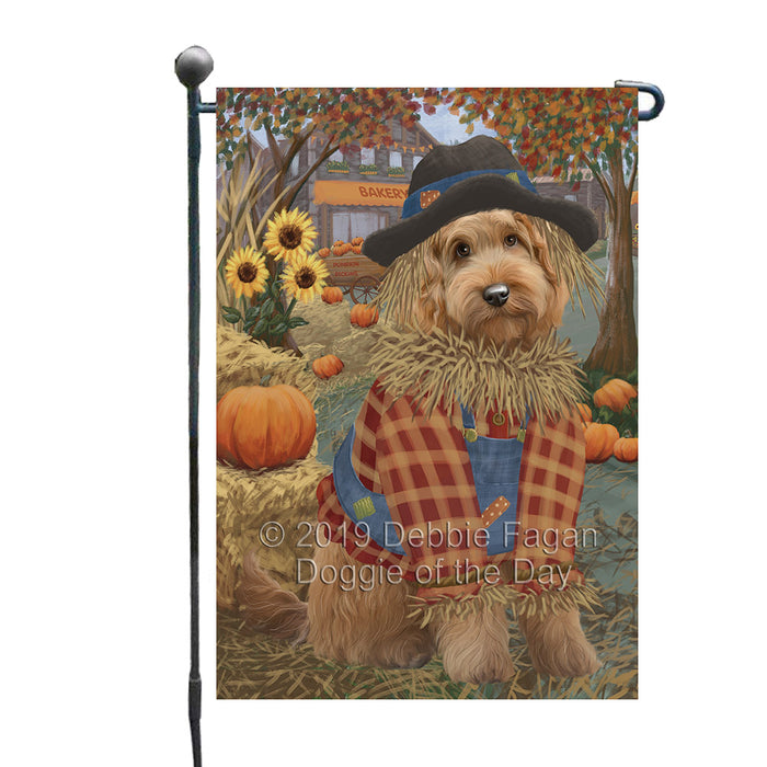 Halloween 'Round Town And Fall Pumpkin Scarecrow Both Goldendoodle Dogs Garden Flag GFLG65660