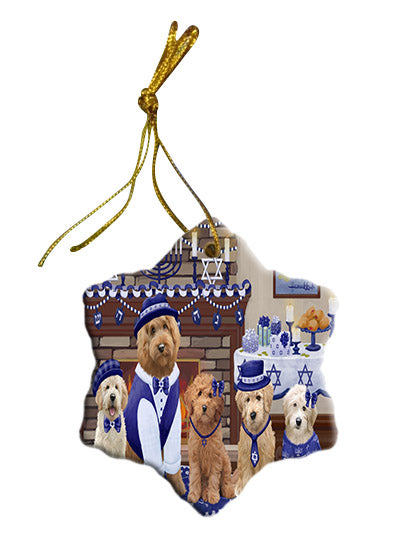 Happy Hanukkah Family Goldendoodle Dogs Star Porcelain Ornament SPOR57621