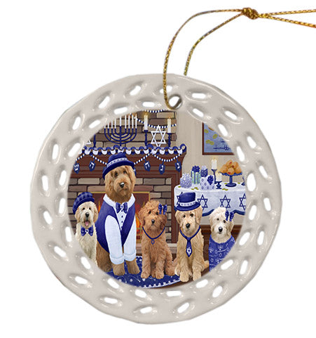 Happy Hanukkah Family Goldendoodle Dogs Ceramic Doily Ornament DPOR57621