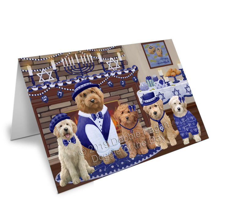 Happy Hanukkah Family Goldendoodle Dogs Handmade Artwork Assorted Pets Greeting Cards and Note Cards with Envelopes for All Occasions and Holiday Seasons GCD78209