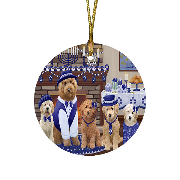 Happy Hanukkah Family and Happy Hanukkah Both Goldendoodle Dogs Round Flat Christmas Ornament RFPOR57525