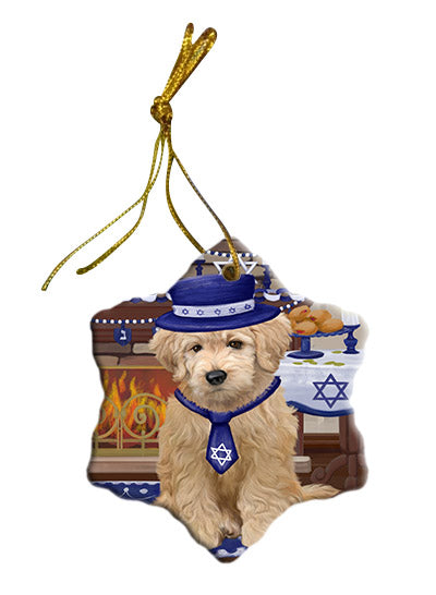 Happy Hanukkah Goldendoodle Dog Star Porcelain Ornament SPOR57677