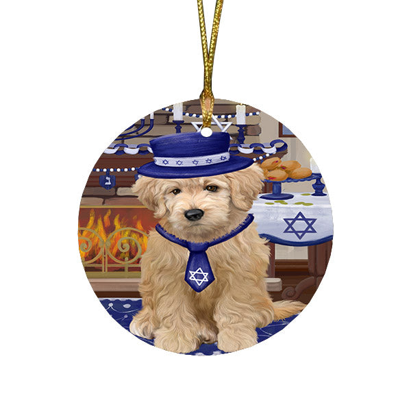 Happy Hanukkah Family and Happy Hanukkah Both Goldendoodle Dog Round Flat Christmas Ornament RFPOR57581