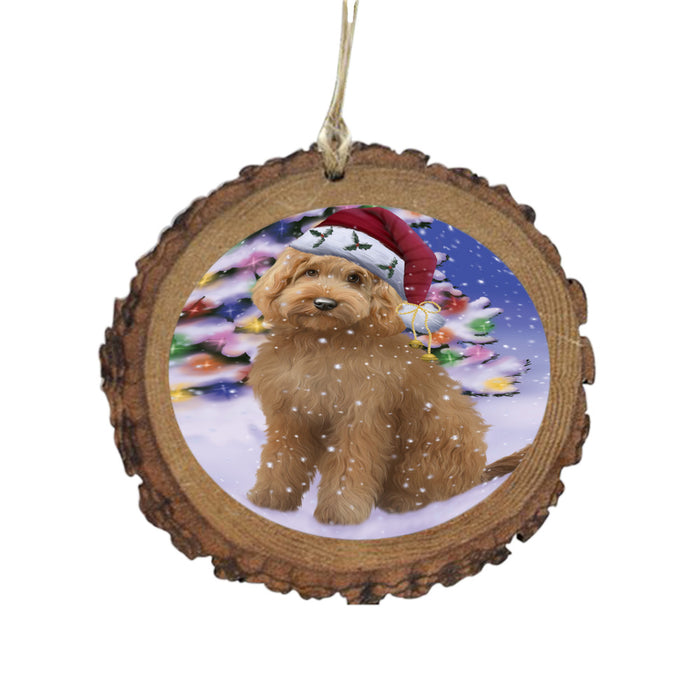 Winterland Wonderland Goldendoodle Dog In Christmas Holiday Scenic Background Wooden Christmas Ornament WOR49578
