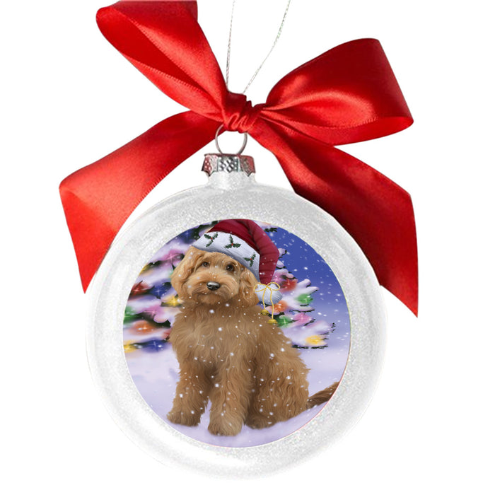 Winterland Wonderland Goldendoodle Dog In Christmas Holiday Scenic Background White Round Ball Christmas Ornament WBSOR49578