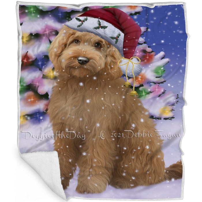 Winterland Wonderland Goldendoodle Dog In Christmas Holiday Scenic Background Blanket BLNKT101127