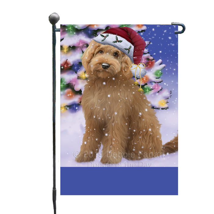Personalized Winterland Wonderland Goldendoodle Dog In Christmas Holiday Scenic Background Custom Garden Flags GFLG-DOTD-A61316