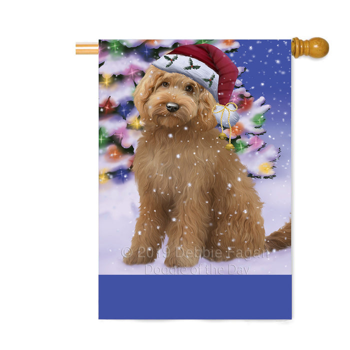 Personalized Winterland Wonderland Goldendoodle Dog In Christmas Holiday Scenic Background Custom House Flag FLG-DOTD-A61372