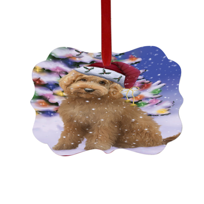 Winterland Wonderland Goldendoodle Dog In Christmas Holiday Scenic Background Double-Sided Photo Benelux Christmas Ornament LOR49578