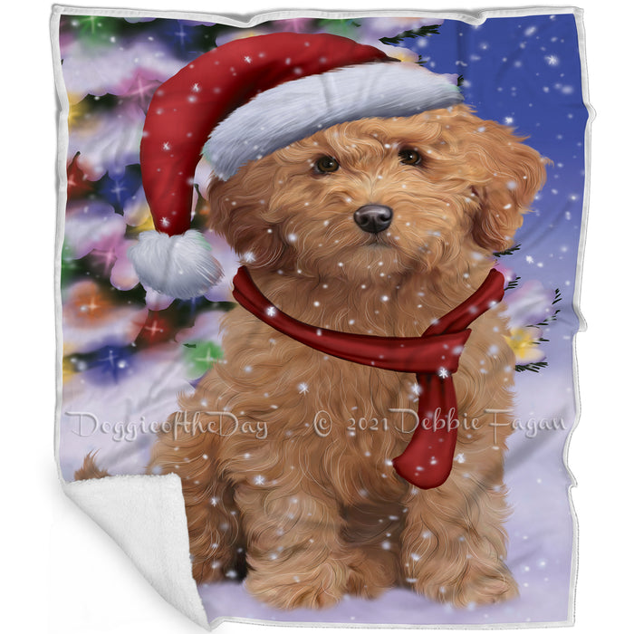 Winterland Wonderland Goldendoodle Dog In Christmas Holiday Scenic Background Blanket BLNKT101154