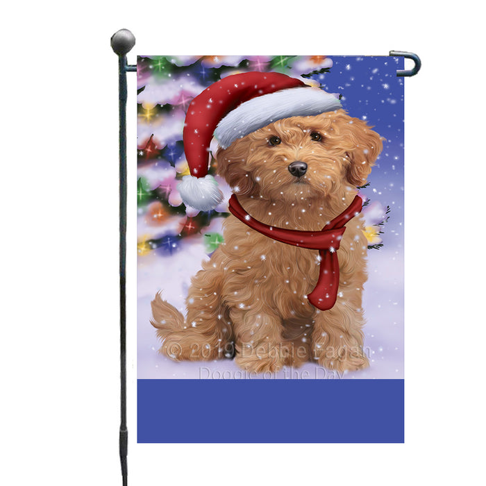 Personalized Winterland Wonderland Goldendoodle Dog In Christmas Holiday Scenic Background Custom Garden Flags GFLG-DOTD-A61319