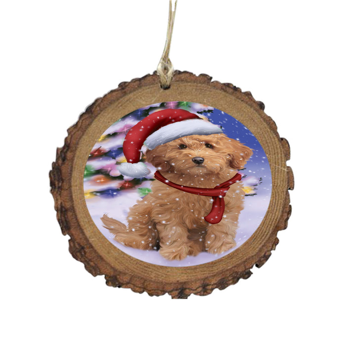 Winterland Wonderland Goldendoodle Dog In Christmas Holiday Scenic Background Wooden Christmas Ornament WOR49581
