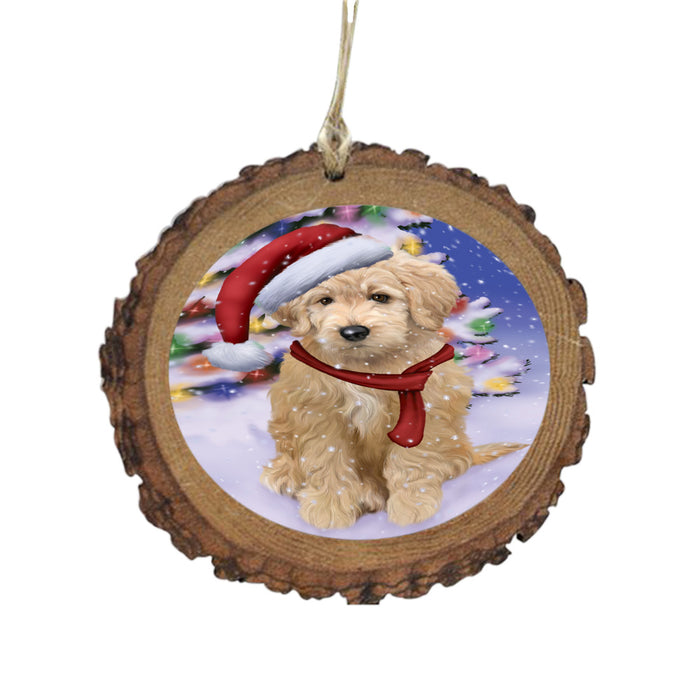 Winterland Wonderland Goldendoodle Dog In Christmas Holiday Scenic Background Wooden Christmas Ornament WOR49579