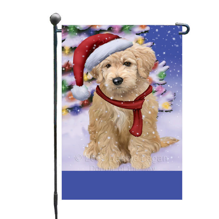 Personalized Winterland Wonderland Goldendoodle Dog In Christmas Holiday Scenic Background Custom Garden Flags GFLG-DOTD-A61317