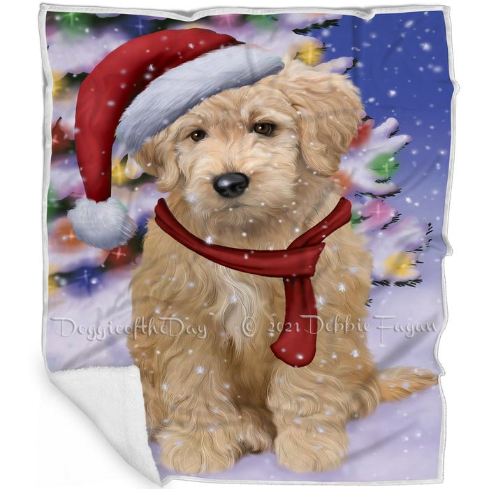 Winterland Wonderland Goldendoodle Dog In Christmas Holiday Scenic Background Blanket BLNKT101136